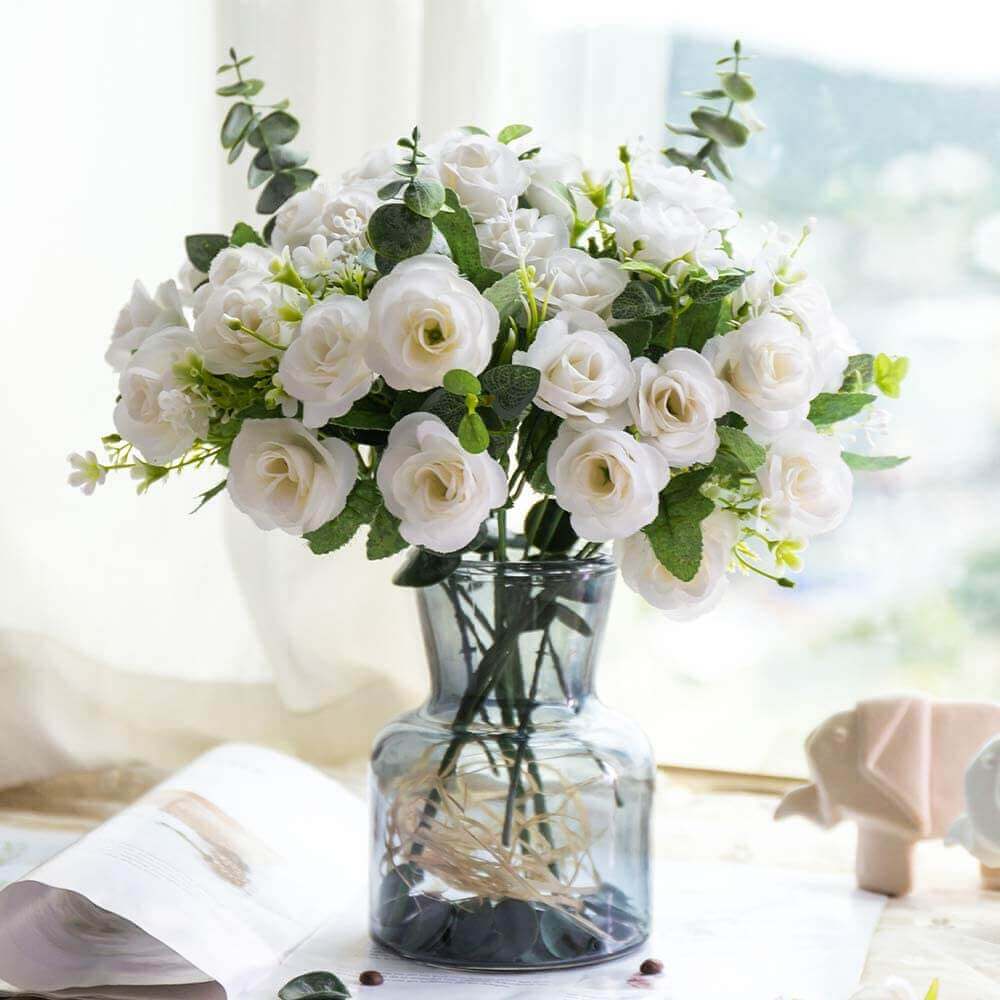 Silk Artificial Flowers with Glass Vase